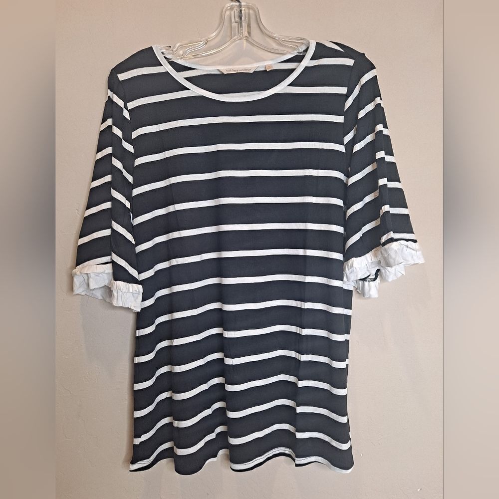 Soft Surroundings Dulcie Tee Top Size Med Black White Stripe Ruffle Sleeves NWOT